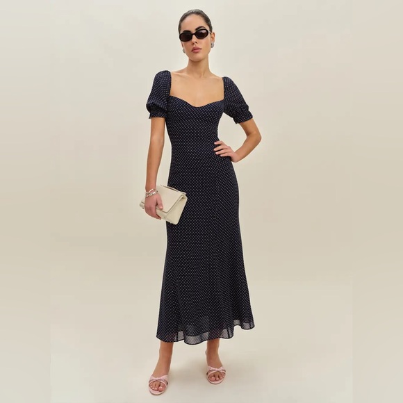 Reformation Navy Polka Dot Midi Dress - Picture 5 of 15